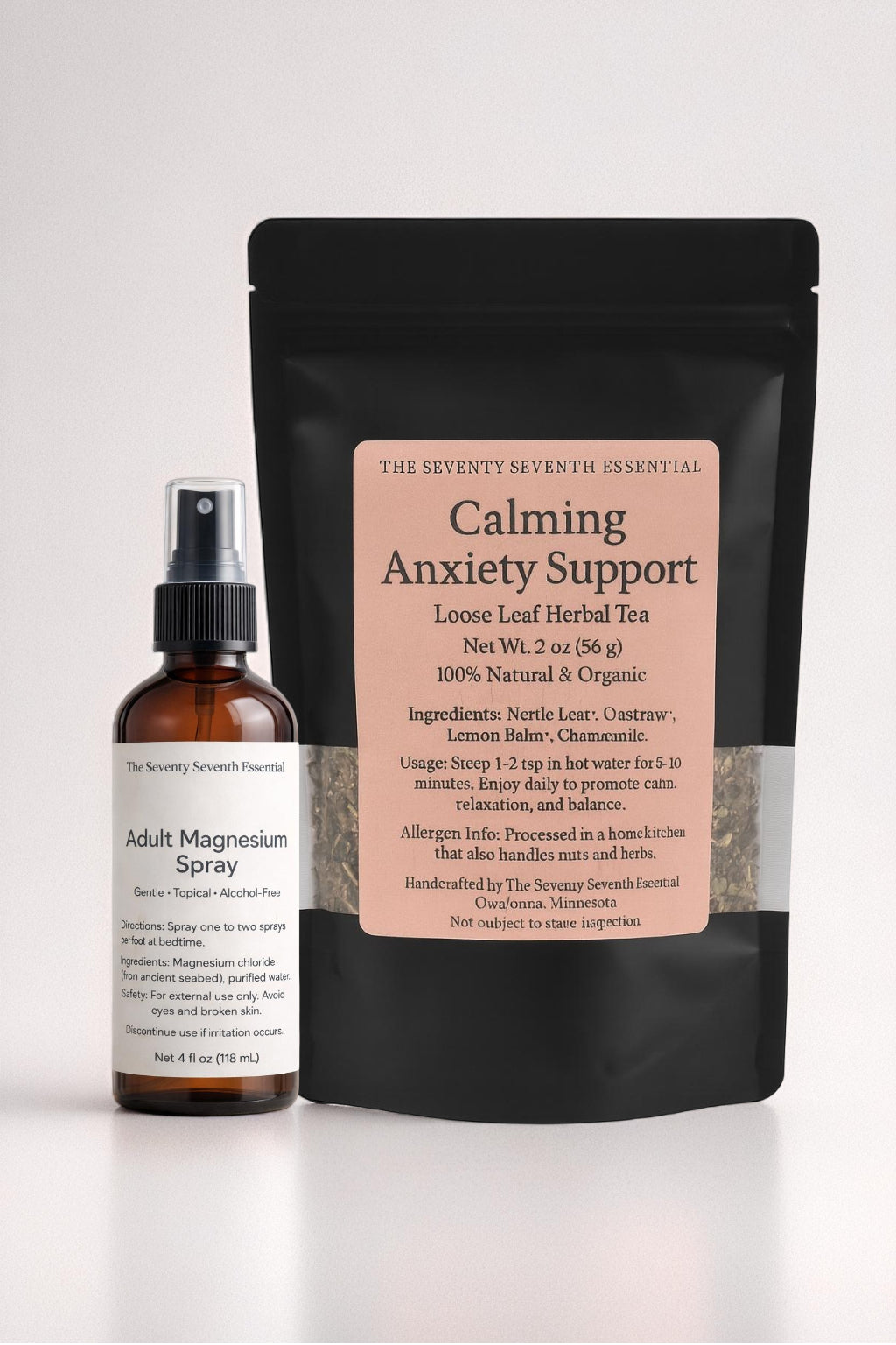 Tea package and spray bottle labeled 'Calming Anxiety Support' on a white background
