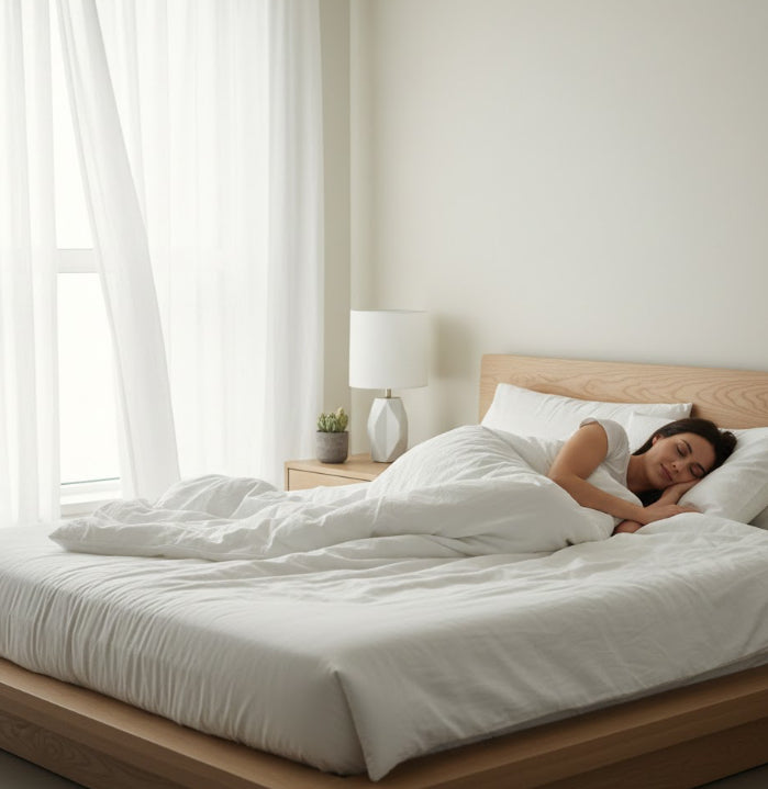 Woman sleeping peacefully in a bed with white bedding in a bright bedroom.