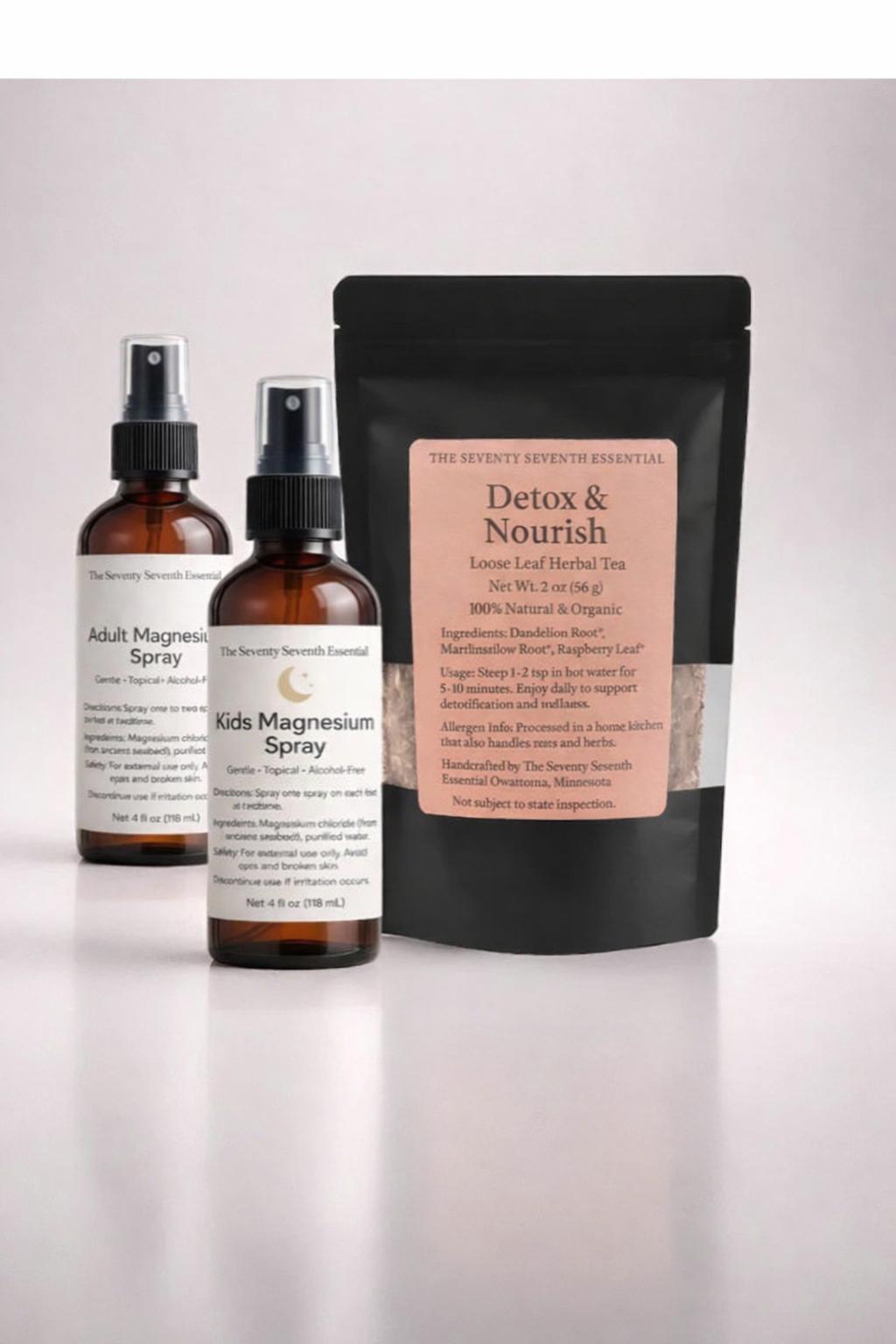 Two bottles of 'Adult Magnesium Spray' and 'Kids Magnesium Spray' with a 'Detox & Nourish' package on a light gray background.