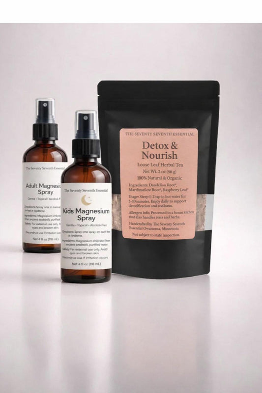 Two bottles of 'Adult Magnesium Spray' and 'Kids Magnesium Spray' with a 'Detox & Nourish' package on a light gray background.
